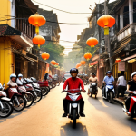 ** A bustling Hanoi street scene with motorbikes, street food vendors, and traditional Vietnamese architecture. Golden hour lighting.

**