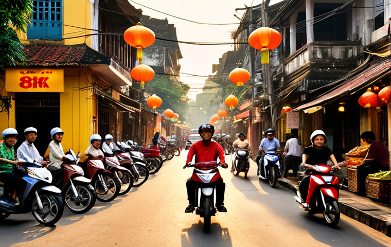 ** A bustling Hanoi street scene with motorbikes, street food vendors, and traditional Vietnamese architecture. Golden hour lighting.
**