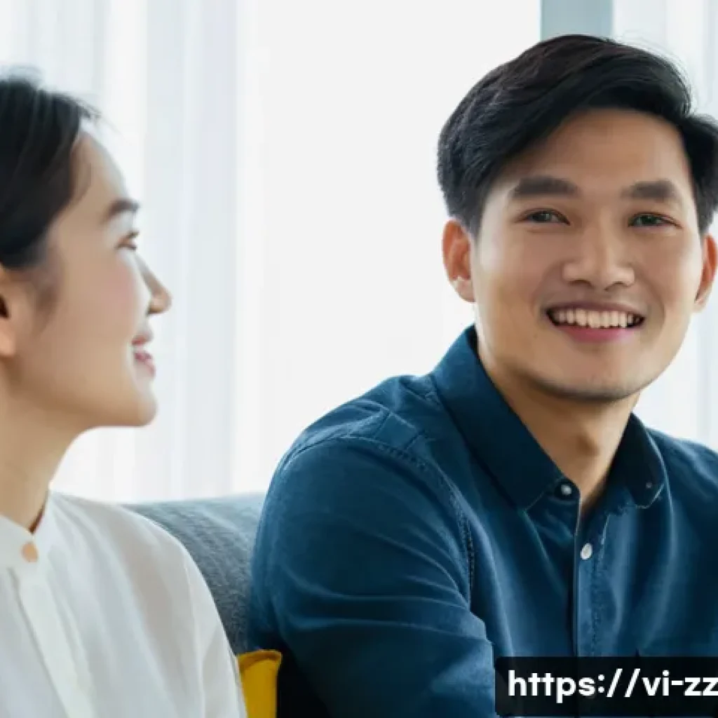 생성적 대화법으로 갈등을 해결하는 방법 - A close-up, warm and inviting image of two Vietnamese individuals, a man and a woman, in their late ...