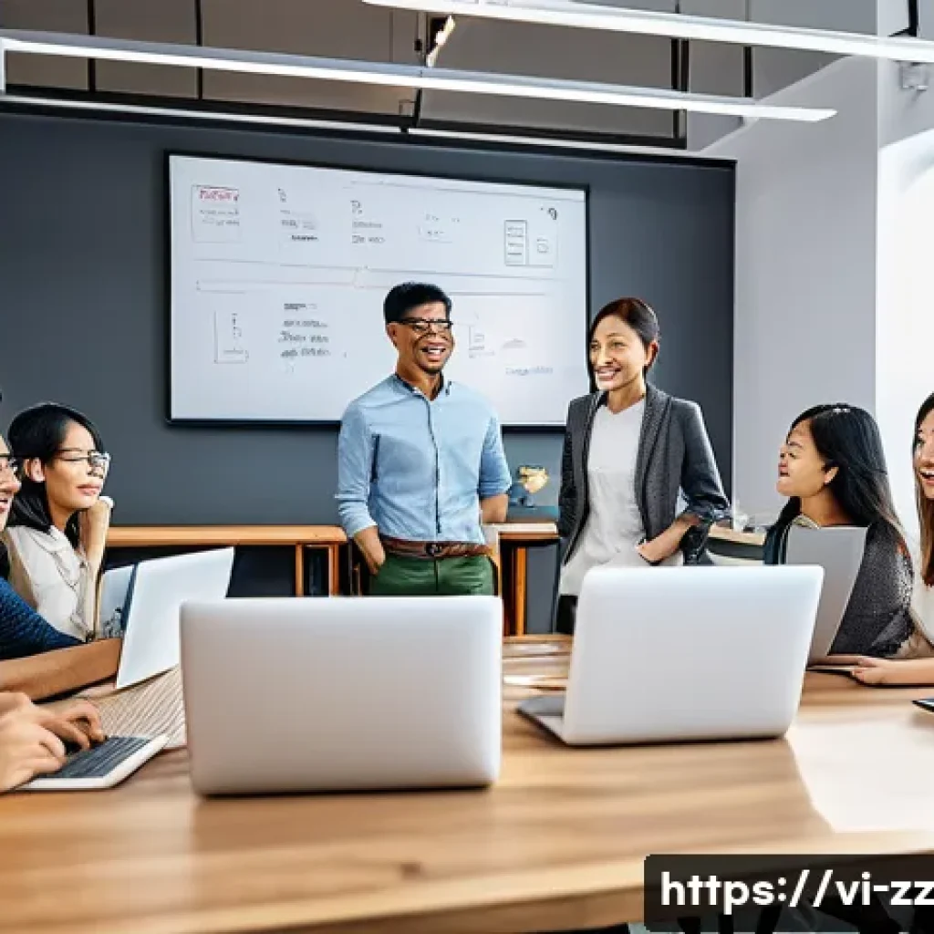 생성적 대화법을 통한 혁신적인 사고 - A diverse group of Vietnamese professionals in a modern startup office, actively engaging in a multi...