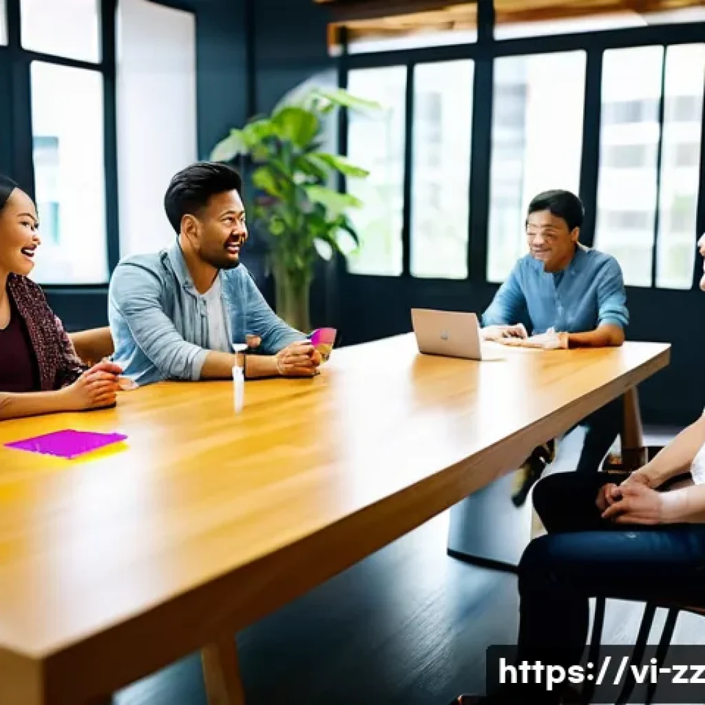생성적 대화법으로 창의적 아이디어 도출하기 - A diverse professional team engaged in a dynamic creative dialogue session in a modern Vietnamese of...