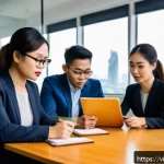Home 20 생성적 대화법 활용을 위한 체크리스트 - A professional business meeting scene in a modern Vietnamese office setting, showing diverse colleag...