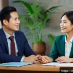 Home 19 생성적 대화법의 피드백 제공 방법 - A professional Vietnamese office setting with a diverse group of coworkers engaging in positive comm...