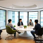 Home 18 전문가 인터뷰 생성적 대화법의 실제 적용 사례 - A diverse group of Vietnamese professionals engaged in a dynamic creative dialogue session in a mode...