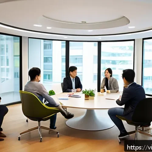 Home 30 전문가 인터뷰 생성적 대화법의 실제 적용 사례 - A diverse group of Vietnamese professionals engaged in a dynamic creative dialogue session in a mode...