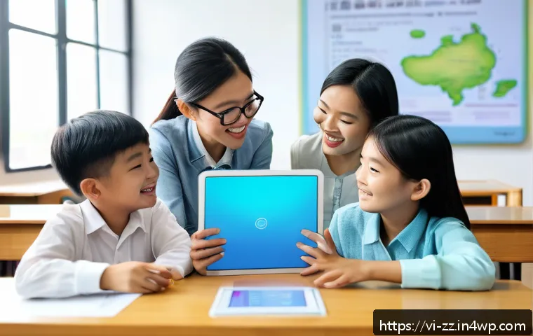 생성적 대화법의 성과 평가 기준 - A modern Vietnamese classroom scene with diverse students using AI-powered language learning tools o...